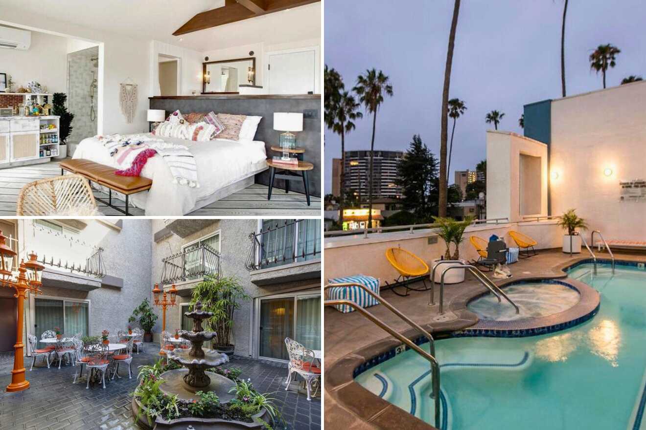 A collage of four hotel photos to stay in Venice Beach: An eclectic studio apartment with a cozy bed and kitchenette, a twilight view of a hotel exterior with palm trees and a lit pool area, a charming outdoor patio with elegant dining setups, and a rooftop deck with loungers overlooking the city lights.