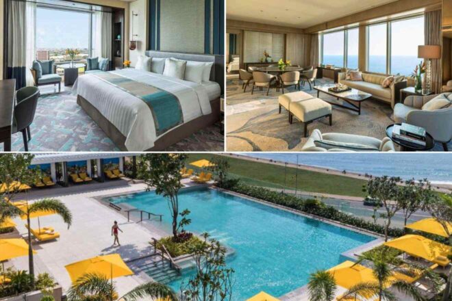 A collage of three hotel photos to stay in Colombo: a luxurious bedroom with city views and a cool color palette, a spacious living area with sea views, and an outdoor pool with sun loungers and vibrant yellow accents.