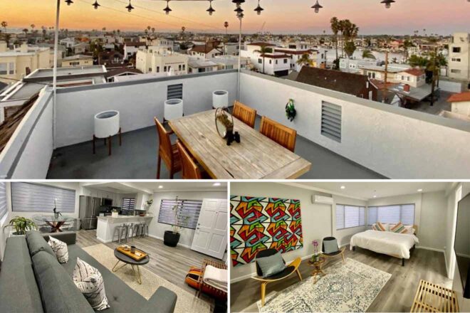 Collage of a Long Beach home's interior and rooftop space: Top image shows a rooftop terrace with wooden dining set against a sunset cityscape. Bottom left is a modern living room with a gray sofa and unique coffee table, and bottom right features a cozy bedroom with vibrant geometric wall art.