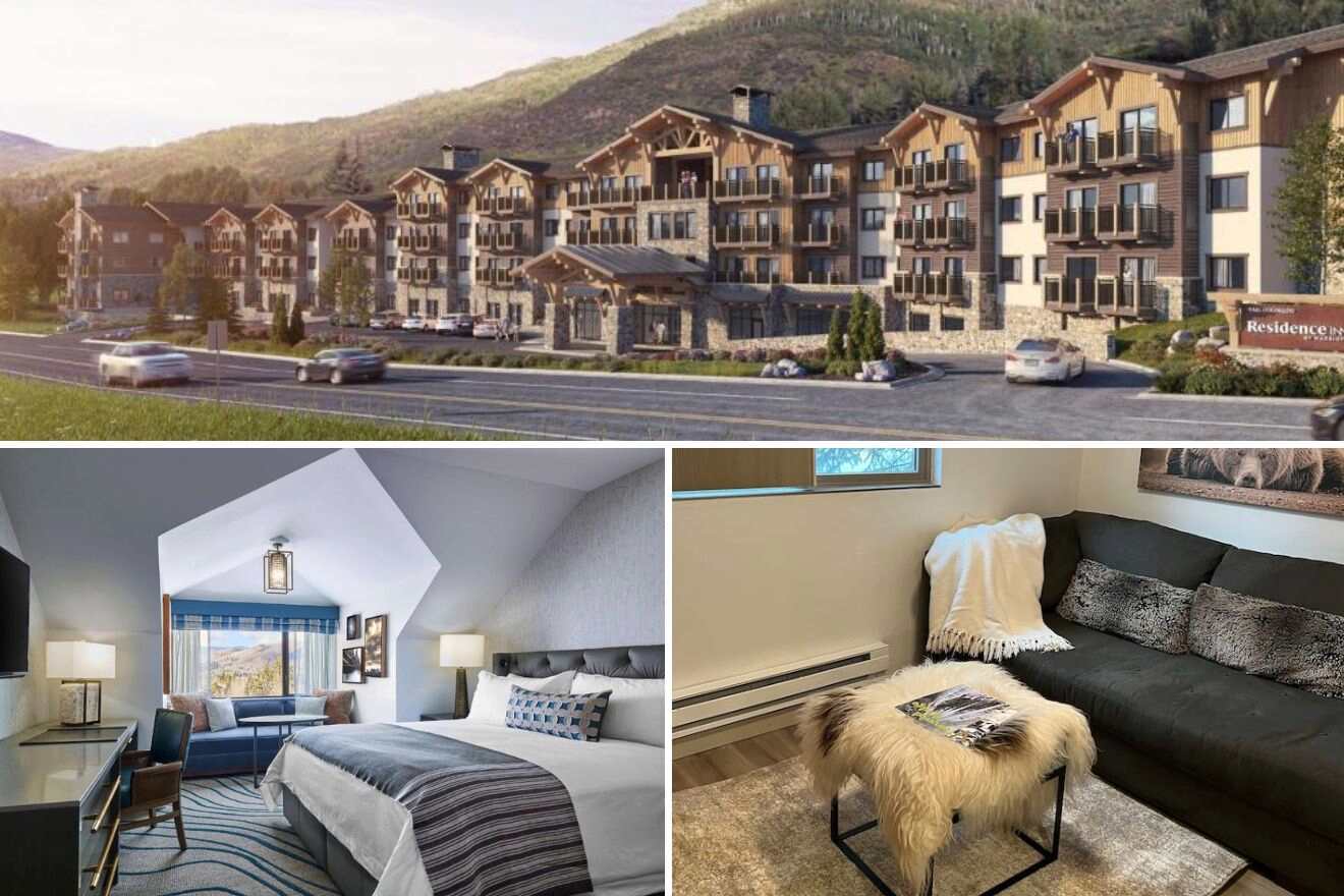 A collage of three hotel photos to stay in Cascade Village & Sandstone: a grand multi-story hotel complex nestled in the valley, a chic hotel room with mountain views and modern decor, and a simple yet stylish living area with a comfy sofa and chic decor.