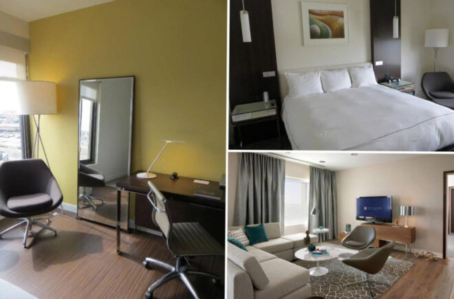 A collage of three hotel photos to stay in Indianapolis: a modern office space with a sleek desk and ergonomic chair, an inviting hotel room with a large bed and abstract art, and a living area with contemporary furniture and a large flat-screen TV.