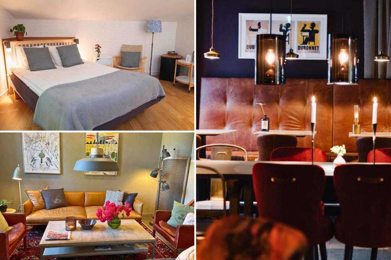 A collage of three hotels in Södermalm, Stockholm: a serene bedroom with light decor and artwork, a vibrant lounge area with plush seating and eclectic lighting, and a cozy dining area with candlelight and rich brown tones.