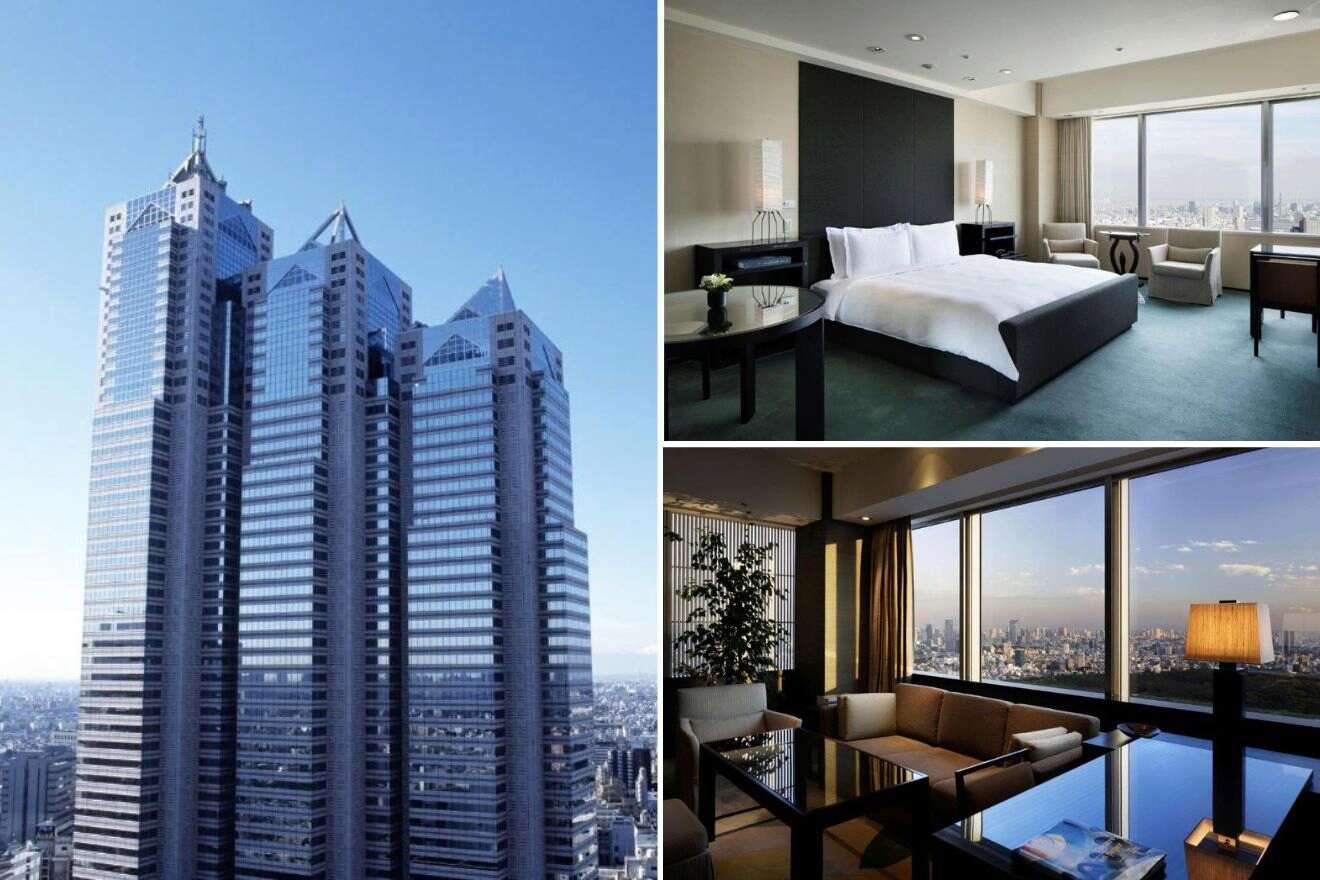 A collage of photos of a cool and unique hotel to stay in Tokyo: a towering modern skyscraper, an elegant hotel room with a panoramic city view, and a luxurious suite with a seating area overlooking the skyline