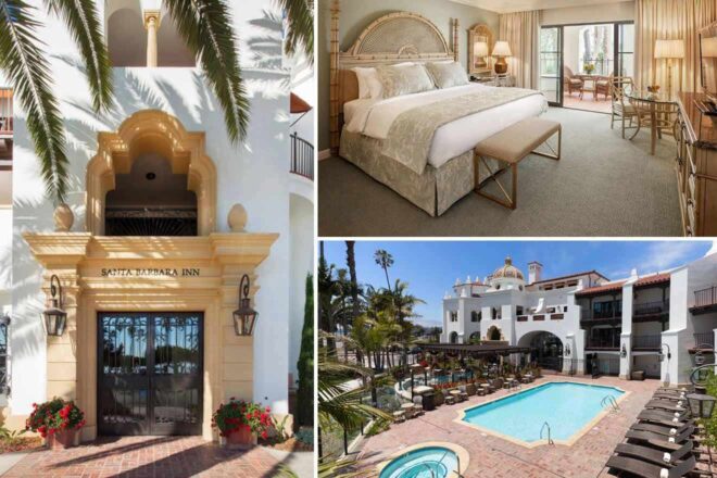 A collage of three hotel photos to stay in Santa Barbara: The Waterman showcasing a relaxing poolside lounge area, a minimalist stylish bedroom with sunlight filtering through, and the classic white facade of a hotel complemented by lush greenery.