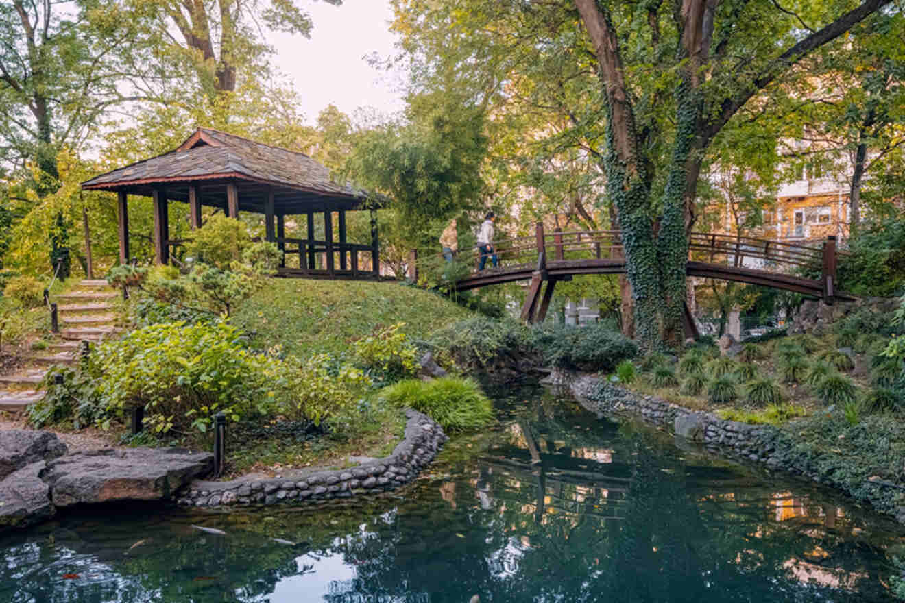 Tranquil scene at Jevremovac Botanical Gardens in Belgrade, with a wooden gazebo overlooking a serene pond surrounded by lush vegetation