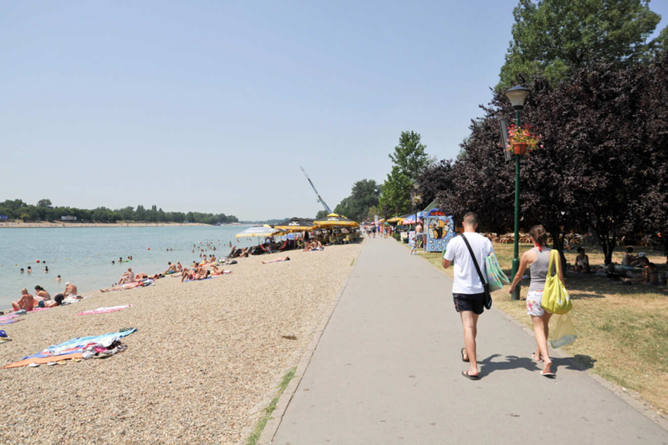 Sunny day at Ada Ciganlija in Belgrade, showing people enjoying the pebbly beach along the river, with a vibrant promenade and green trees