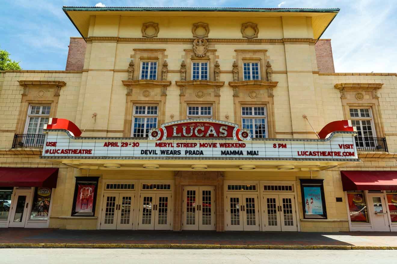 Lucas Theatre on Abercorn Street in Savannah with a marquee announcing a Meryl Streep movie weekend featuring 'Devil Wears Prada' and 'Mamma Mia'.