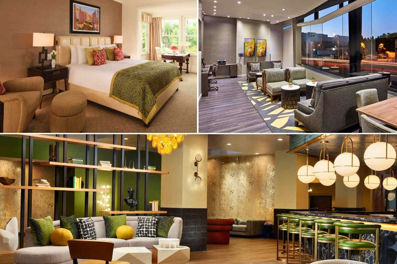 A collage of four hotel photos to stay in Beverly Hills, the nicest part of Los Angeles for luxury: A deluxe bedroom with plush bedding and vibrant accent pillows, a sophisticated hotel lobby with modern furniture and abstract art, a stylish lounge area with a bookshelf divider and colorful cushions, and an upscale hotel bar with hanging spherical lamps and green bar stools.
