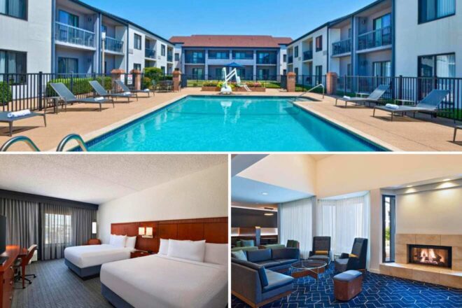 A collage of three hotel photos to stay in Fort Worth: a hotel pool surrounded by sun loungers and a view of the hotel's multi-story architecture, a double room with a simple design and comfortable beds, and a hotel lobby with a modern fireplace and chic lounge furniture.