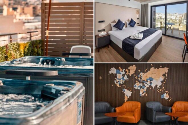 A collage of three hotel photos to stay in Valletta: a rooftop jacuzzi with city views, a contemporary bedroom with a cityscape backdrop, and a stylish waiting area featuring a world map on wood paneling.