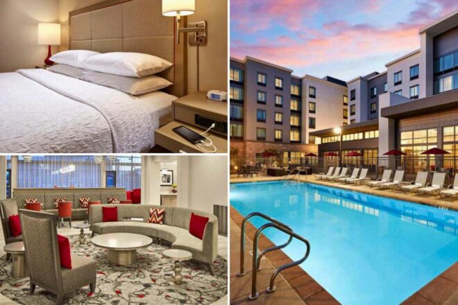 A collage of three hotel photos to stay in Long Beach: a cozy hotel room with a textured white bedspread and modern amenities, a hotel's outdoor swimming pool at twilight, and a circular seating area with vibrant red accents and patterned carpet.