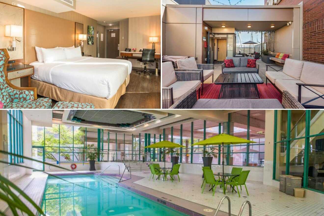 A collage of three hotel images in Yaletown, Vancouver: a modern bedroom with plush seating and elegant decor, a stylish outdoor lounge area with comfortable furnishings, and an indoor pool area with bright umbrellas and clear views.