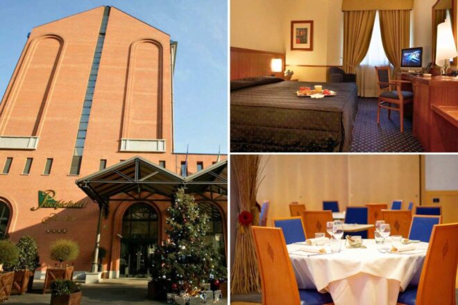 A collage of four hotel photos to stay in Turin: an imposing brick building with the sign "Pacific Hotel Fortino," a cozy hotel room with a large bed and wooden furniture, an entrance decorated with a large Christmas tree, and a formal dining area with blue chairs and set tables.