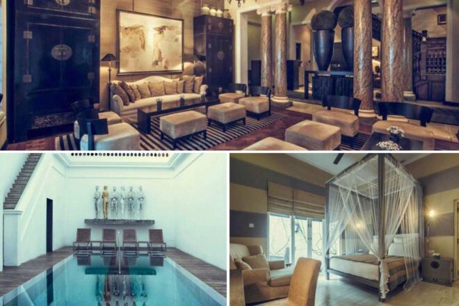 A collage of three hotel photos to stay in Colombo: an opulent lounge with earth tones and ancient sculptures, an underwater-themed conference room with a transparent floor, and a serene bedroom with a canopy bed and soft lighting.