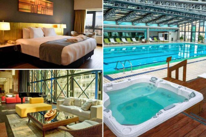 A collage of three hotel photos to stay in Montevideo: a bedroom with a bright yellow headboard and cityscape view, a chic hotel lobby with modern furniture and large windows, and an indoor pool area with a jacuzzi and lounging chairs.
