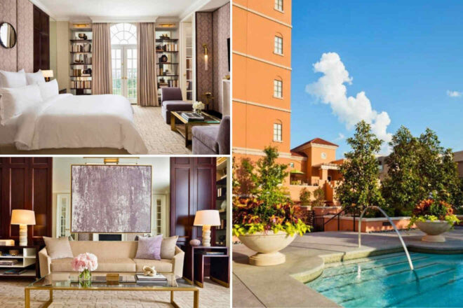 A collage of three hotel photos to stay in Dallas: a luxurious bedroom with a bay window and elegant built-in bookshelves, a grand hotel exterior with a warm terracotta facade, and a tranquil pool area with decorative pots and greenery.