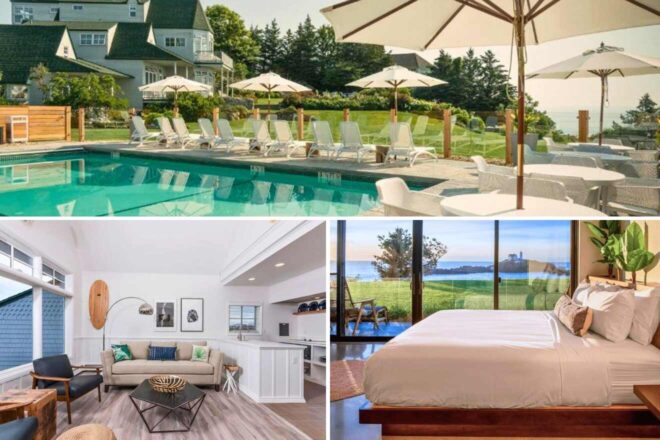A collage of three hotel photos in Maine: an inviting outdoor pool surrounded by lounge chairs and umbrellas with a view of lush greenery, a modern living space with chic furnishings and a kitchenette, and a serene bedroom with direct views of the ocean and green landscapes.




