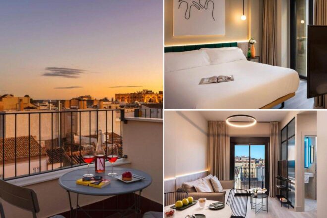 A collage of three hotel photos to stay in Malaga: a rooftop view showcasing the cityscape at dusk with a table set for two, a cozy bedroom featuring crisp white bedding with a plush green headboard, and a modern living space with a comfortable couch, dining area, and a view of the city through large windows