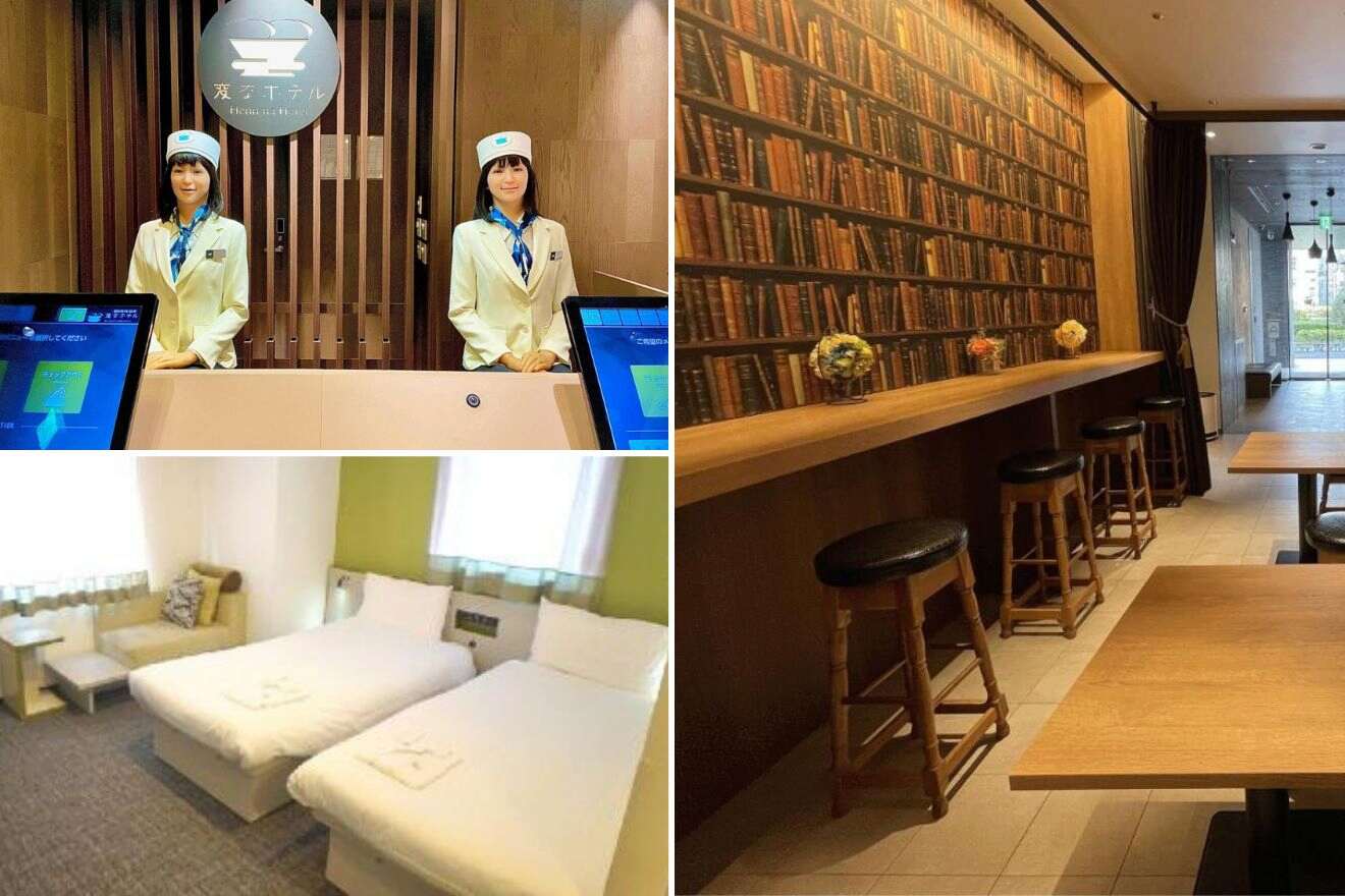 A collage of photos of a cool and unique hotel to stay in Tokyo: humanoid receptionists in blue uniforms, a simple twin room with light green accents, and a quiet bar area with a wall of books.