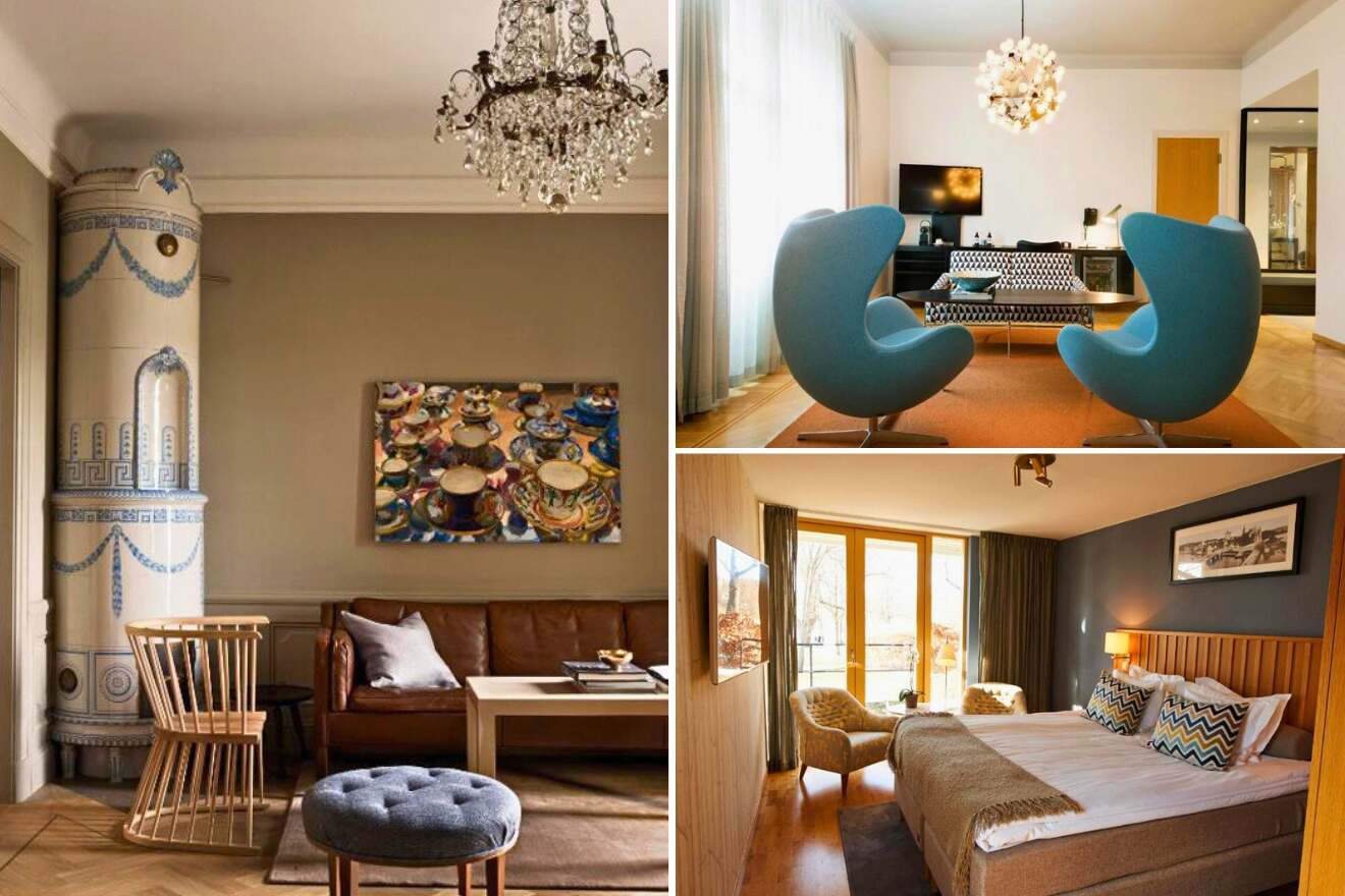 A collage of three Östermalm & Djurgården hotel interiors in Stockholm: a living area with an ornate stove and chandelier, a modern lounge with iconic egg chairs, and a bedroom with warm wood tones and contemporary design.