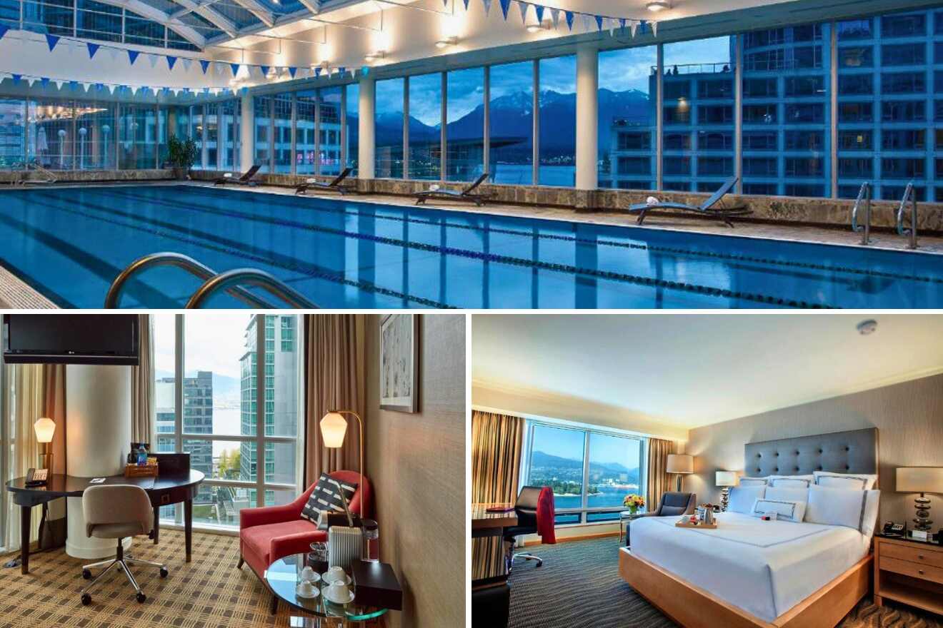A collage of three hotel interiors in Coal Harbour, Vancouver: a spacious room with a large bed and panoramic windows, a luxurious indoor pool with a retractable roof offering mountain views, and a sophisticated bedroom with sleek furniture and scenic vistas.