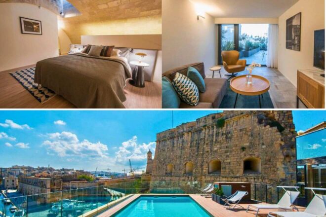 A collage of three hotel photos to stay in Valletta: an earth-toned bedroom with unique ceiling architecture, a bright living space with balcony access overlooking the city, and an infinity pool with historic city wall views.