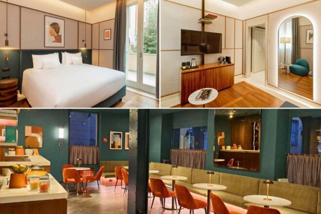 A collage of three hotel photos in Bologna: a modern bedroom with a minimalist design and balcony access, a cozy hotel bar with velvet seating and chic decor, and an elegant lounge with a classic fireplace and traditional art pieces.
