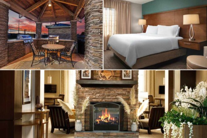 A collage of three hotel photos to stay in Fort Worth: a cozy outdoor terrace with a barbecue grill and a sunset backdrop, an inviting hotel room with elegant decor and a view of the outdoor landscape, and a hotel lobby adorned with a rustic stone fireplace and plush white floral arrangements.