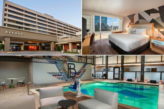 A collage of three hotel photos to stay in Dallas: the Beeman Hotel entrance showcasing modern architecture, a stylish bedroom with geometric wall art and city views, and a chic hotel poolside lounge with artistic murals and comfortable seating.