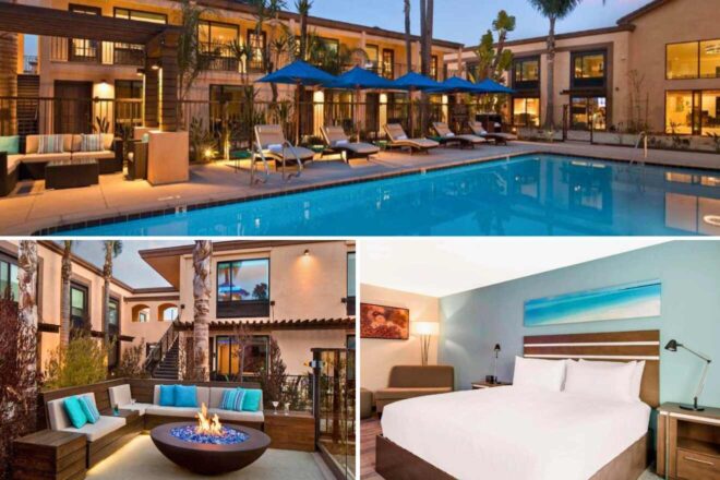 A collage of three hotel photos to stay in Long Beach: a poolside lounge area with blue umbrellas and ample seating, an outdoor fire pit with comfortable couches, and a hotel room with minimalist decor and a wall-mounted painting.