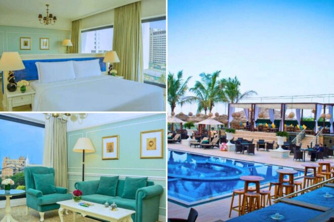 A collage of three hotel photos to stay in Colombo: an elegantly appointed bedroom with a pastel color scheme, a rooftop pool area with lounge seating and palm trees, and a plush sitting room with city views.