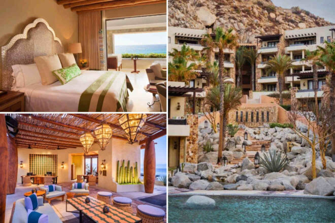 A collage of three hotel photos to stay in Los Cabos: A luxurious bedroom with an ornate headboard and a view of the desert landscape, an inviting lounge with unique lighting and comfortable seating, and a multi-level resort nestled in rocky terrain with lush greenery and pools.