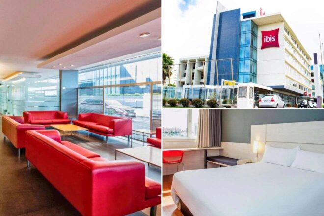 A collage of three hotel photos to stay in Montevideo: a lobby with vibrant red sofas and modern decor, the exterior of the Ibis hotel with its contemporary architecture, and a minimalist hotel room with a comfortable bed and desk area.