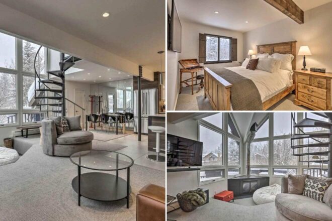 A collage of three photos showcasing luxury accommodation in Vail Condo: a spacious living area with modern furniture and a spiral staircase, a cozy bedroom with wooden furnishings and snowy views, and a comfortable sitting area with large windows offering a panoramic view of a winter landscape.