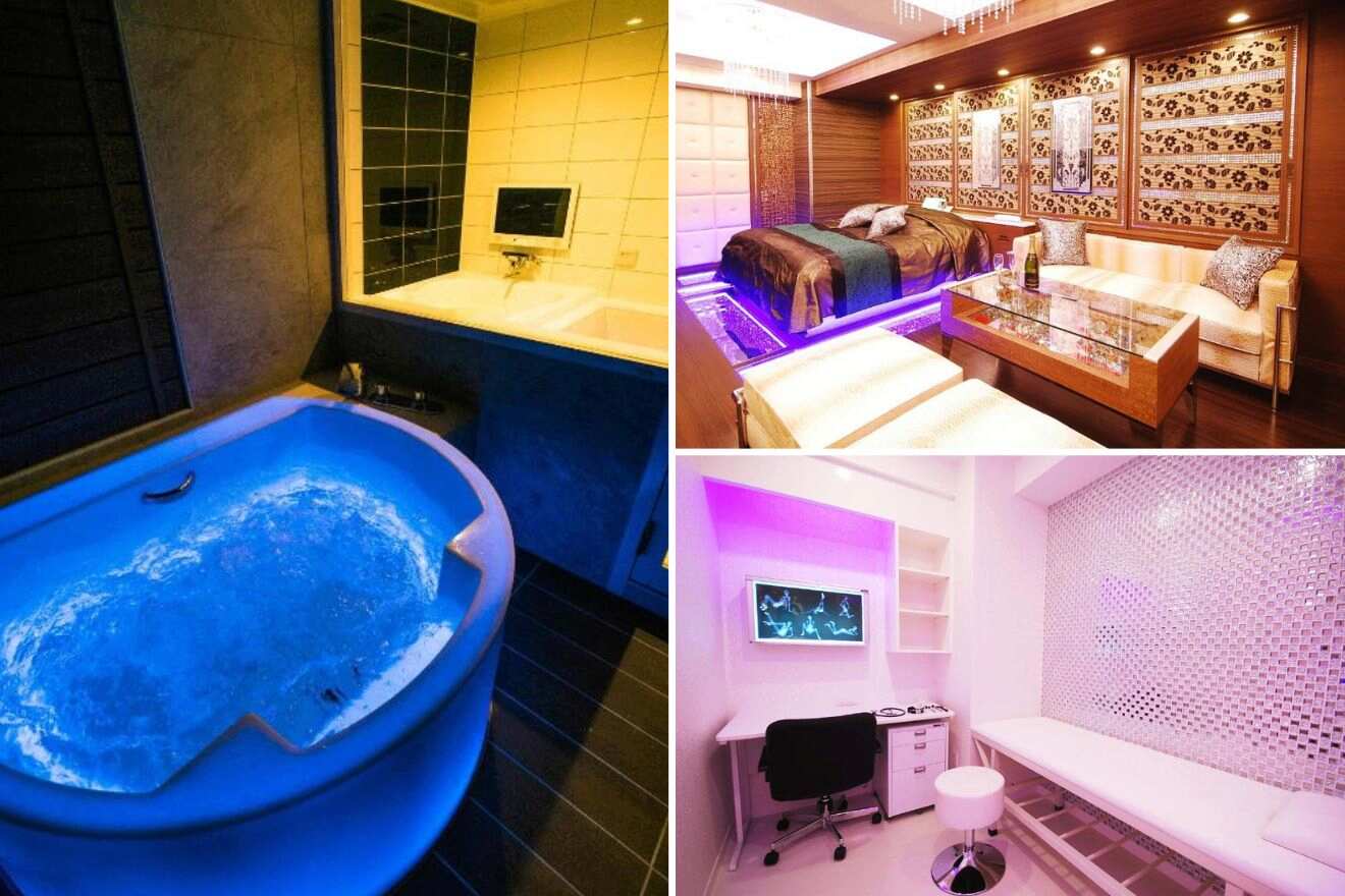 A collage of photos of a cool and unique hotel to stay in Tokyo: a neon blue-lit Jacuzzi bath, a lavish bedroom with wood panels and a glass coffee table, and a white and purple doctor's office space with a modern aesthetic.