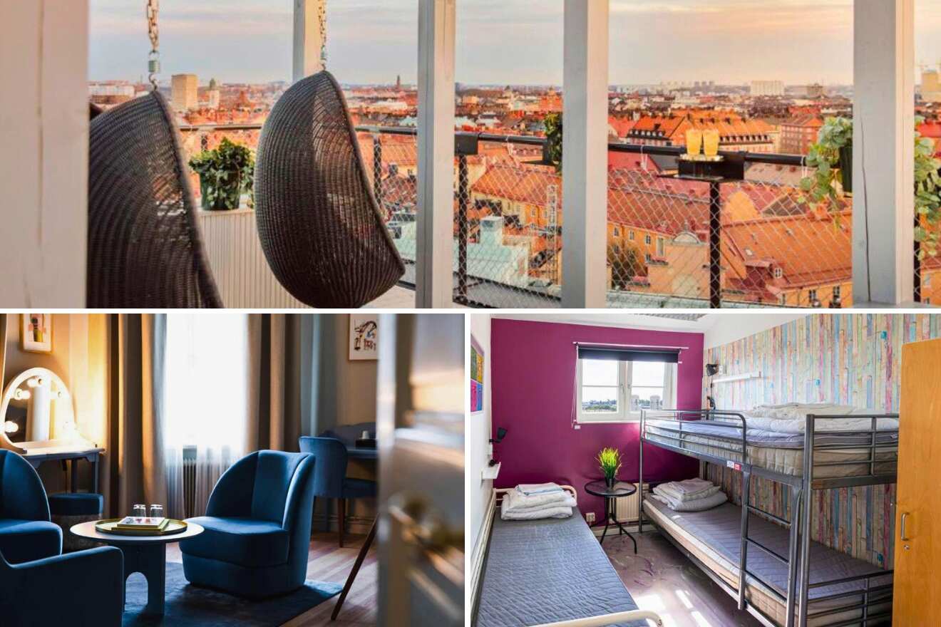 A collage of three hotel vistas in Vasastan, Stockholm: a view from a hotel room showcasing hanging chairs and the city skyline, a chic salon with blue armchairs and natural light, and a simple yet stylish room with bunk beds and a vivid wall color.