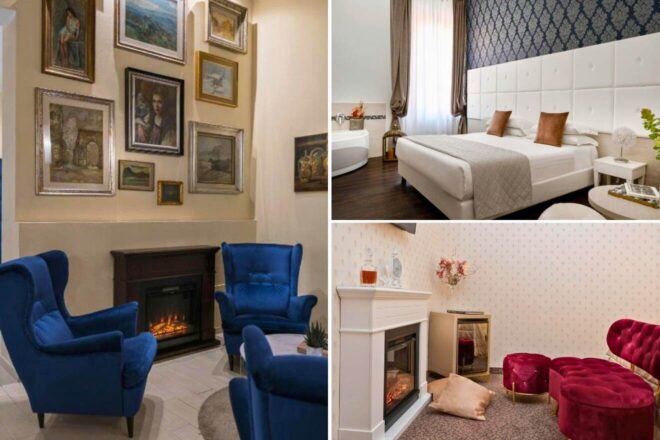 A collage of three elegant hotel spaces in Bologna: a classic lounge area adorned with an array of framed paintings and deep blue armchairs, a sophisticated bedroom featuring an upholstered headboard and a freestanding bathtub, and a stylish sitting area with a white fireplace surrounded by velvet poufs and patterned wallpaper.