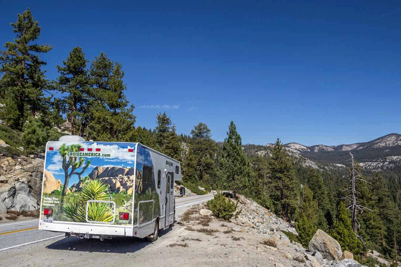 RV with a mural depicting desert and cactus driving on a mountain road in a pine forest under a clear blue sky.