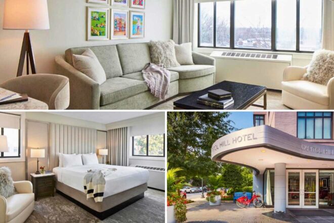 A collage of three hotel photos to stay in Washington DC: a bright living space with colorful art and comfortable seating, a cozy bedroom with a neutral palette and modern decor, and the welcoming entrance of the Capitol Hill Hotel surrounded by greenery.