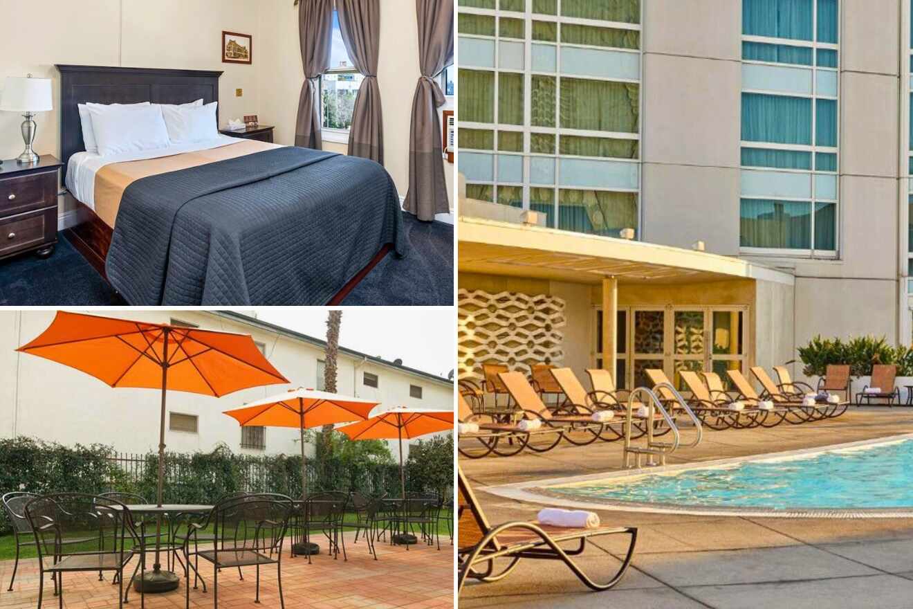A collage of three hotel photos for sightseeing in Hollywood: A classic hotel room with a dark blue bedspread and elegant drapery, a vibrant outdoor patio with orange umbrellas providing shade to dining tables, and a pool area lined with loungers and a well-manicured garden.