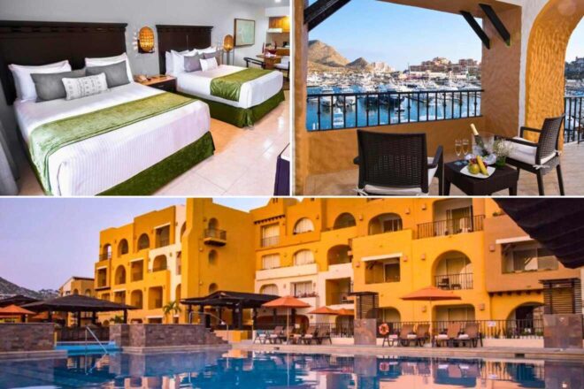A collage of three hotel photos to stay in Los Cabos: A spacious bedroom with green accents and large windows, a balcony view overlooking a marina with dining setup, and the warm facade of a hotel with poolside loungers and umbrellas under the bright Los Cabos sun.
