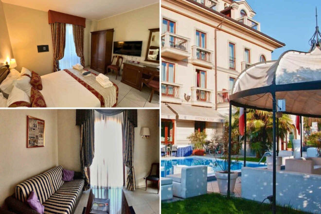 A collage of three hotel photos to stay in Turin: a welcoming room with a large bed and classic decor, the exterior of a charming white building with balconies, and a serene poolside seating area with a blue pool and palm trees.