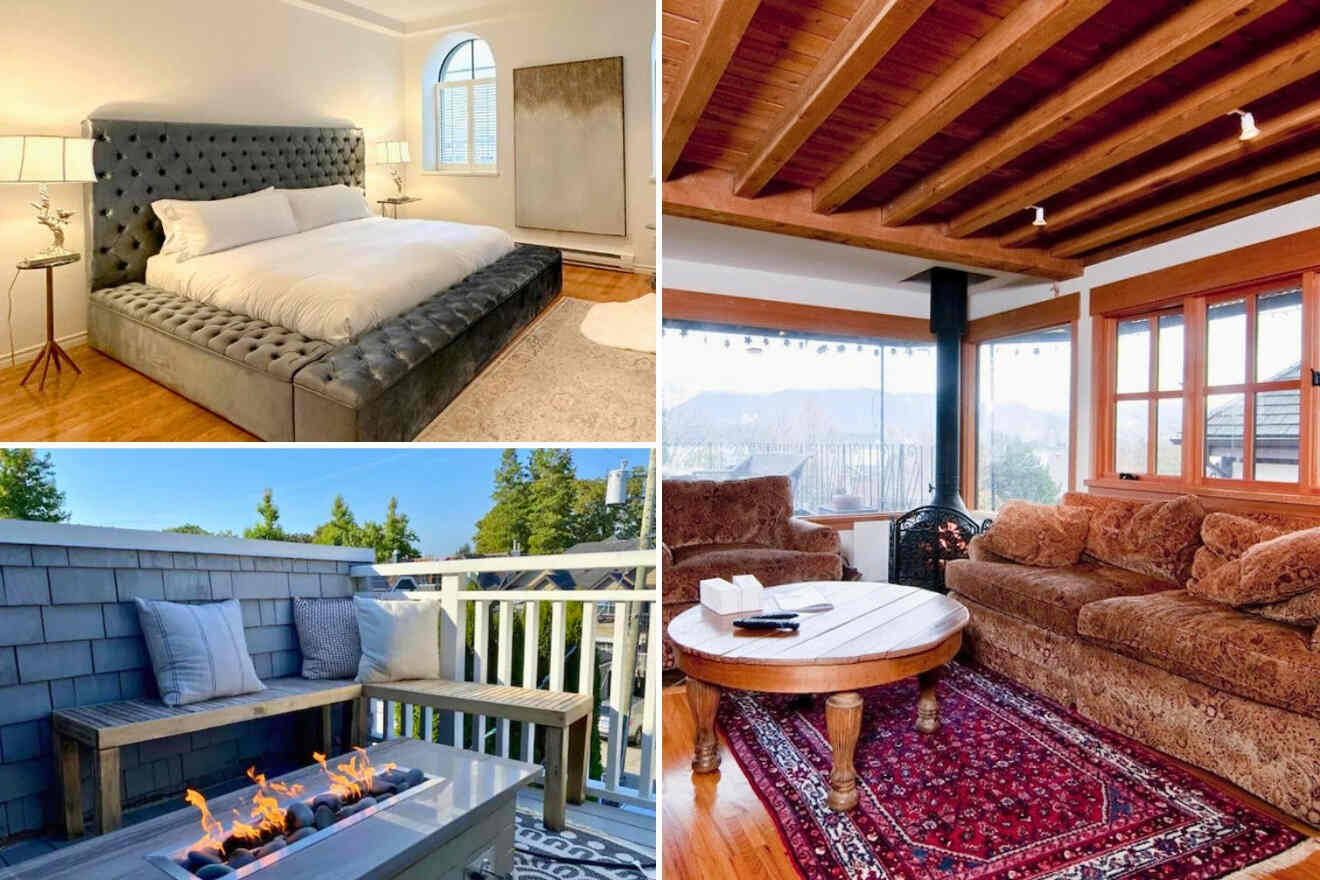 A collage of three hotel photos in Kitsilano, Vancouver: a plush bedroom with a tufted headboard and elegant lighting, an outdoor fire pit lounge on a wooden deck, and a cozy living room with a fireplace and traditional decor.