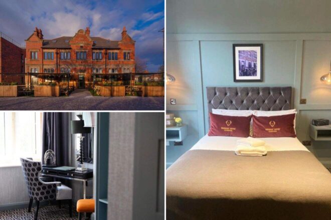 A collage of three hotel photos to stay in Liverpool: the inviting exterior of The Phoenix pub and hotel, a bedroom with a grey tufted headboard and maroon accents, and a desk area with elegant decor and natural light.