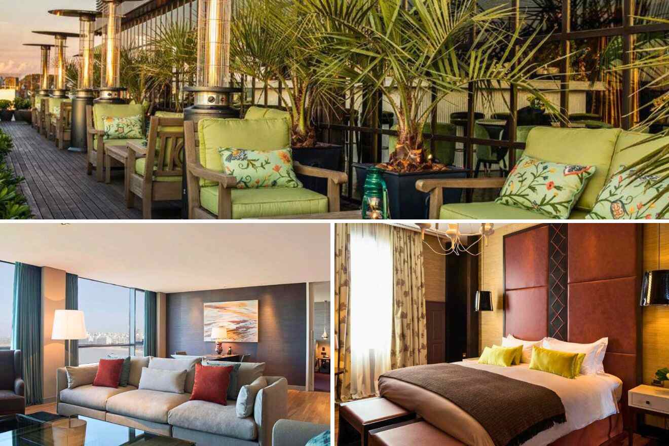 A collage of three hotel photos to stay in Montevideo: a rooftop lounge with green cushioned chairs and tropical plants, a spacious living area with a sofa and ocean view, and a bedroom with warm lighting and elegant bedding.