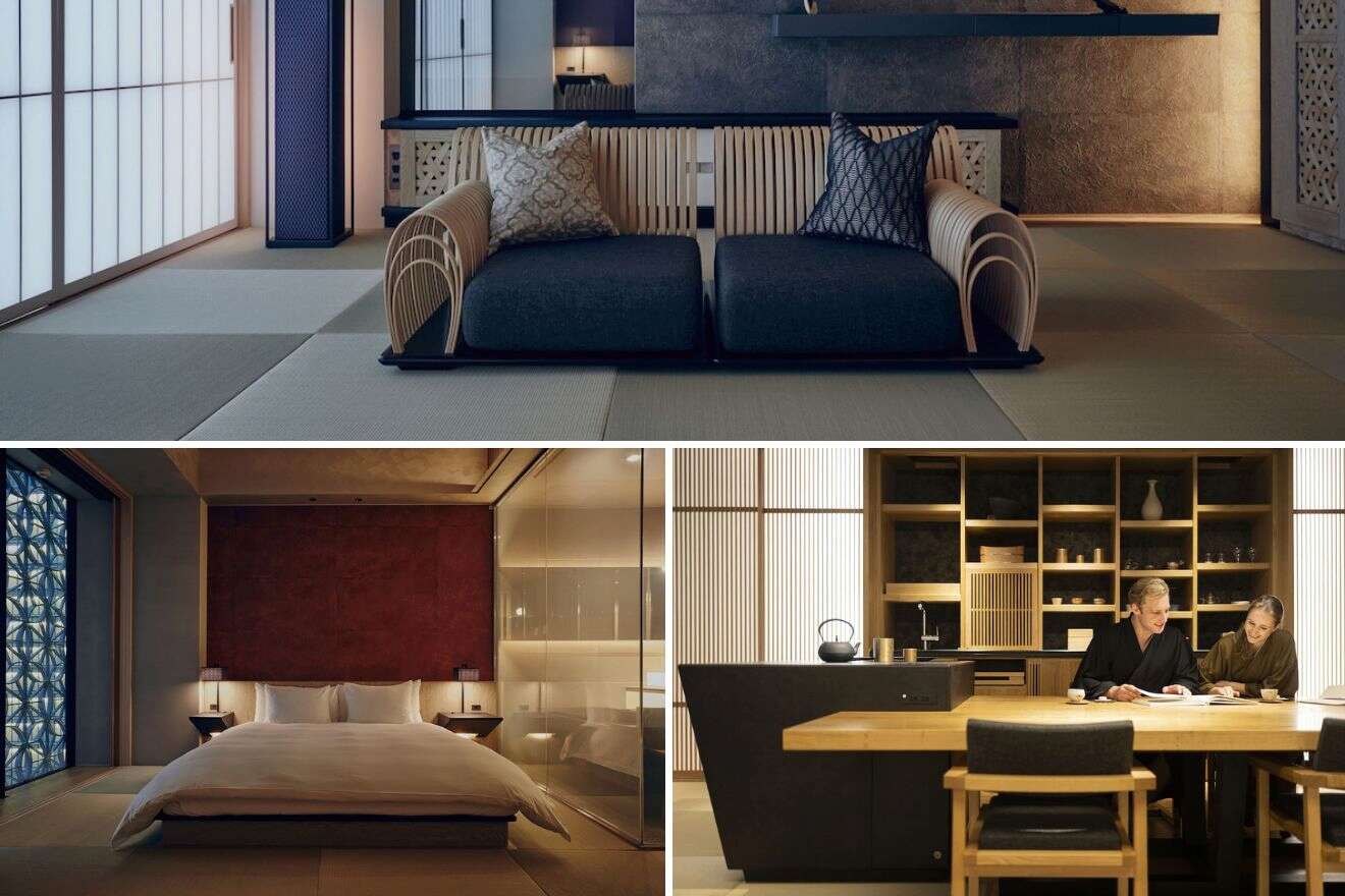 A collage of photos of a cool and unique hotel to stay in Tokyo: a traditional Japanese living area with tatami mats and woven chairs, a luxurious red-themed bedroom with a glass partition, and a modern kitchenette and dining area with open shelving.