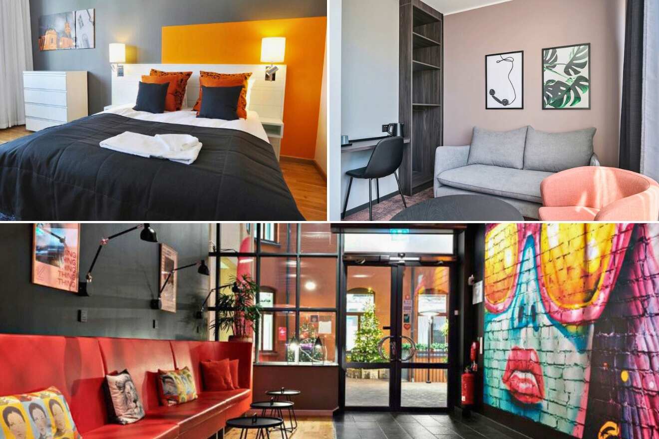 A collage of three hotels in Kungsholmen, Stockholm: a room with a dark bedspread and vibrant orange wall, a lounge with a modern sofa and abstract wall art, and an entrance with a colorful mural depicting a face with sunglasses.