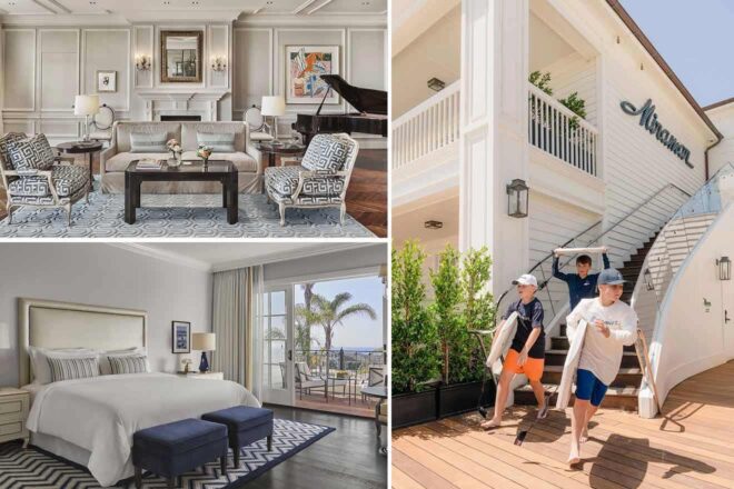 A collage of three hotel photos to stay in Santa Barbara: the grand entryway of Santa Barbara Inn framed by palm trees, a regal bedroom with a large canopy bed and sitting area, and a bustling pool area with the hotel's distinctive white architecture in the background