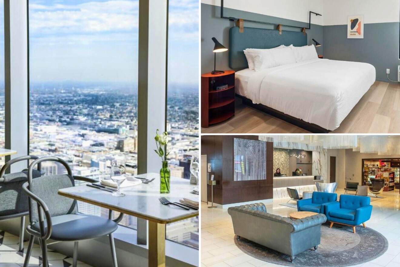 A collage of three hotel photos for a business trip in Downtown Los Angeles (DTLA): A dining area with a stunning aerial view of the city, a contemporary hotel room with a sleek design and artwork, and a hotel lobby featuring comfortable seating with blue accent chairs and a chic reception area.