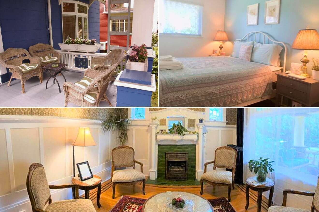 A collage of three lodging options in Mount Pleasant & Main Street, Vancouver: a quaint porch with wicker furniture, a light and airy bedroom with a quaint ambiance, and a classic sitting room with paneling and a decorative fireplace.